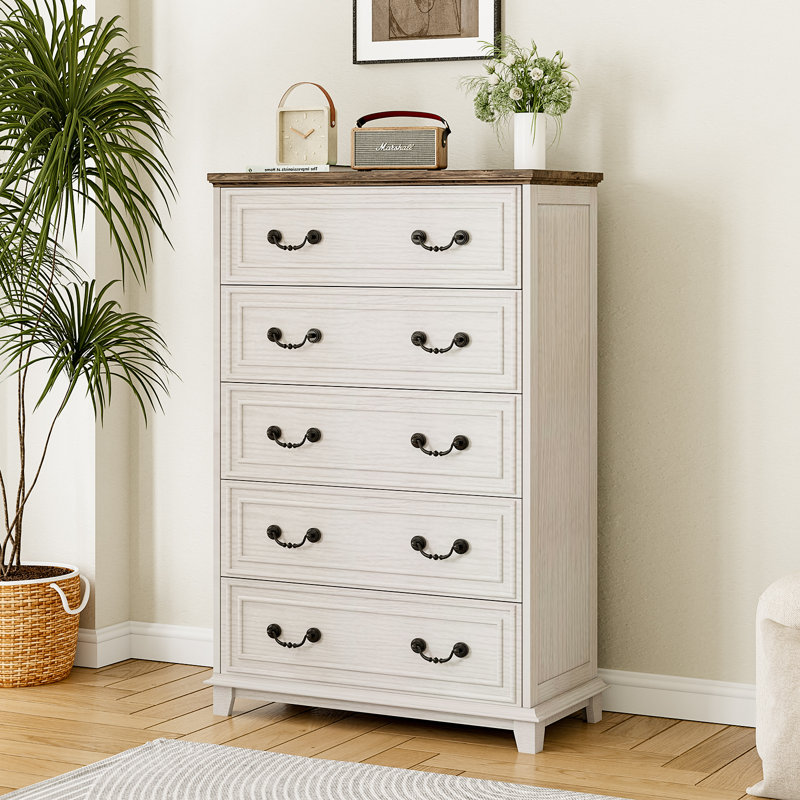 Farmhouse 5 Drawer Bedroom Dresser,31.18"W Wood Tall Chest Of Drawers, Closet Storage For Bedroom& Living Room, White