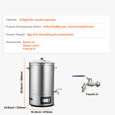 Système de brassage électrique, cuve de brassage de 30 litres, brasseur de bière domestique tout-en-un, accessoires de brassage en acier inoxydable 304 avec panneau de commande électronique, poignée, robinet et couvercle en verre.
