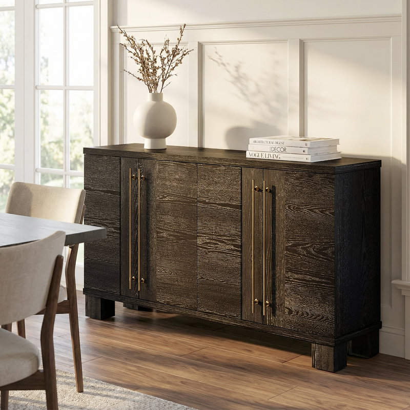 Traditional Wooden Buffet Cabinet With Spacious Storage – Dining Room Sideboard With Modern Touch, Black