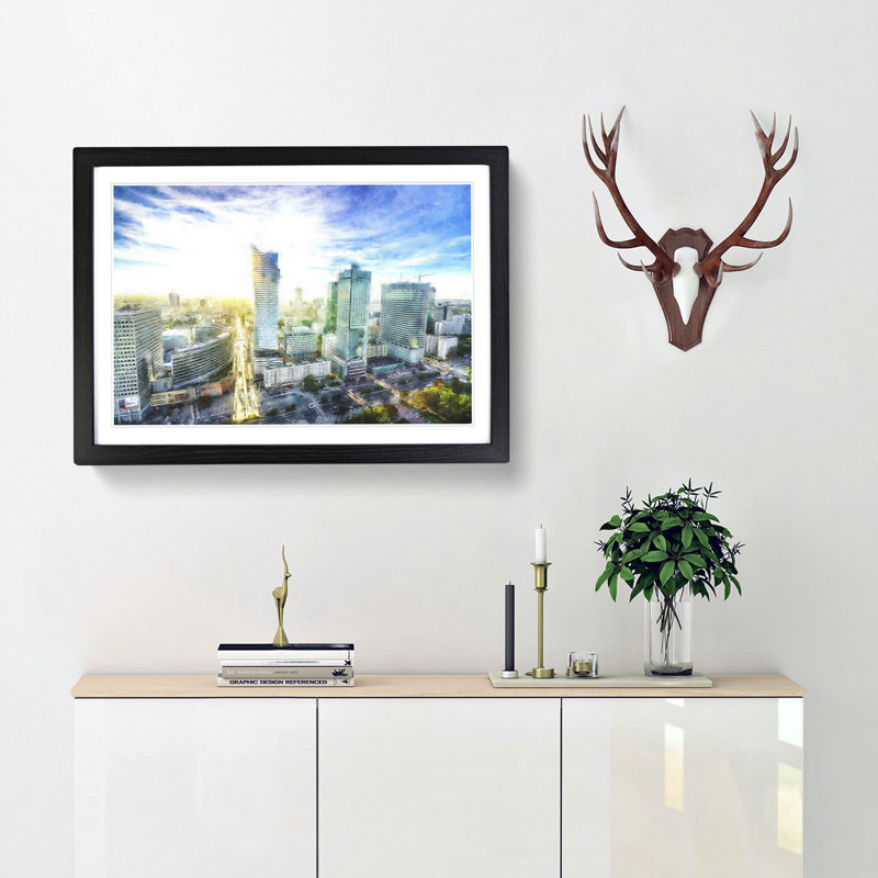 Skyline of Warsaw in Poland - Picture Frame Painting Print, Black Framed, 62cm H x 87cm W x 2cm D