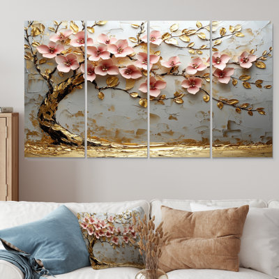 Rose et or cerisier en fleurs au bord du lac III - ensemble d'art mural cerisier en fleurs