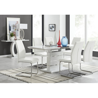 Everson High Gloss Extendable Dining Set with 6 Luxury Faux Leather Upholstered Dining Chairs