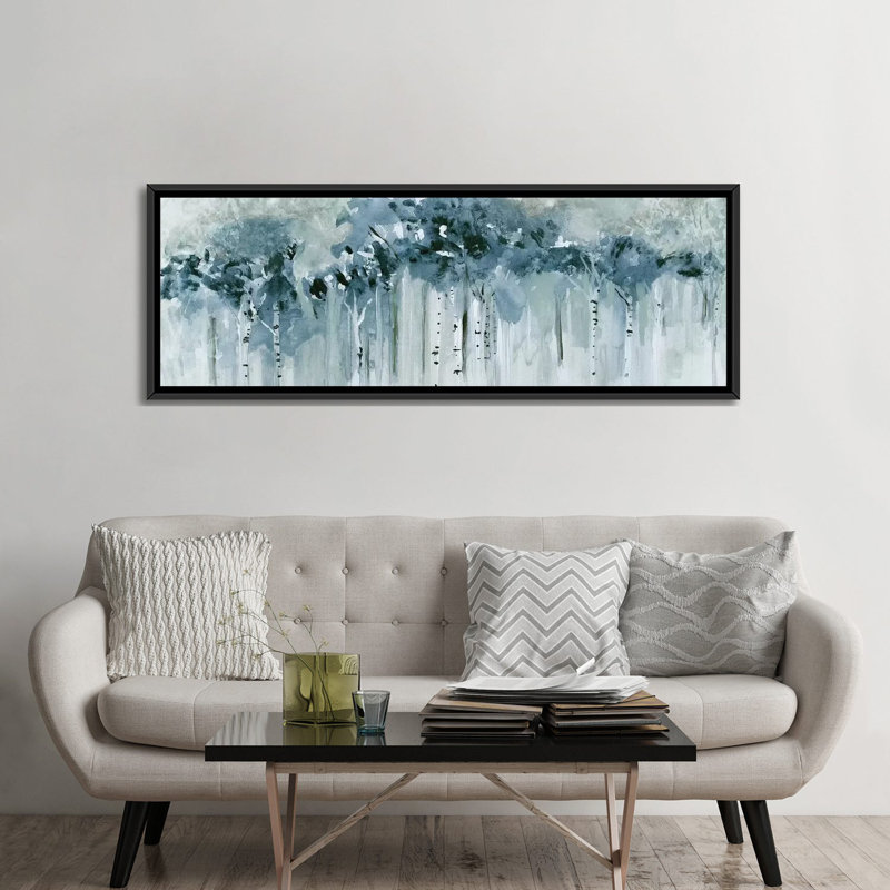 «Blue Birch Morning» par Susan Jill - impression d'art graphique, Toile encadrée, H 24 po x l 72 po, Noir
