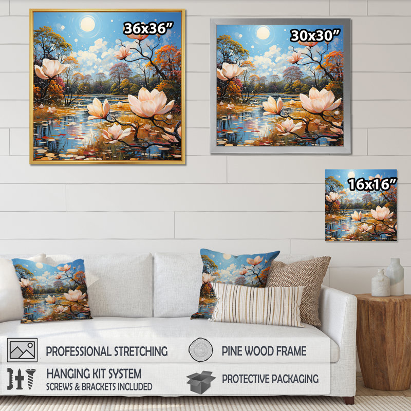 Motif de pointillisme blanc Pcoral Magnolias - blanc, H 24 po x l 24 po x P 1 po, Cadre flottant noir