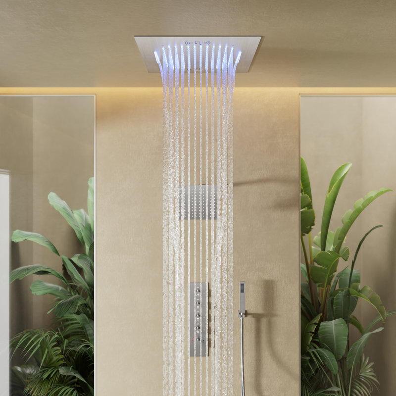 Robinet de douche thermostatique musical, système de douche double 20 po avec éclairage d'ambiance à DEL, Nickel brossé