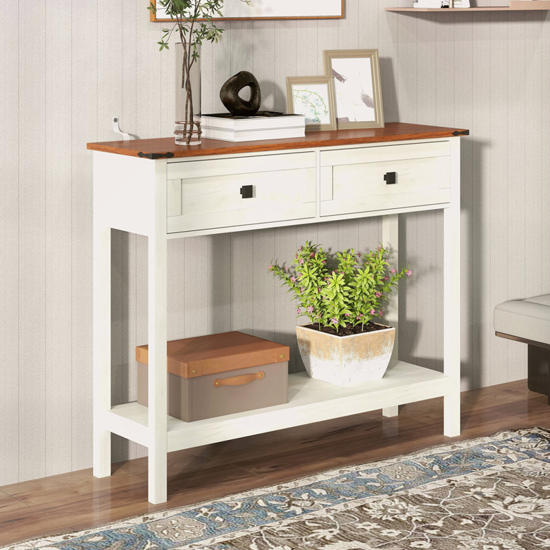 Farmhouse Style Console Table With 2 Drawer And Bottom Storage Shelf For Entryway, Rustic Side Table With Storage Drawer And Shelf For Living Room, Hallway