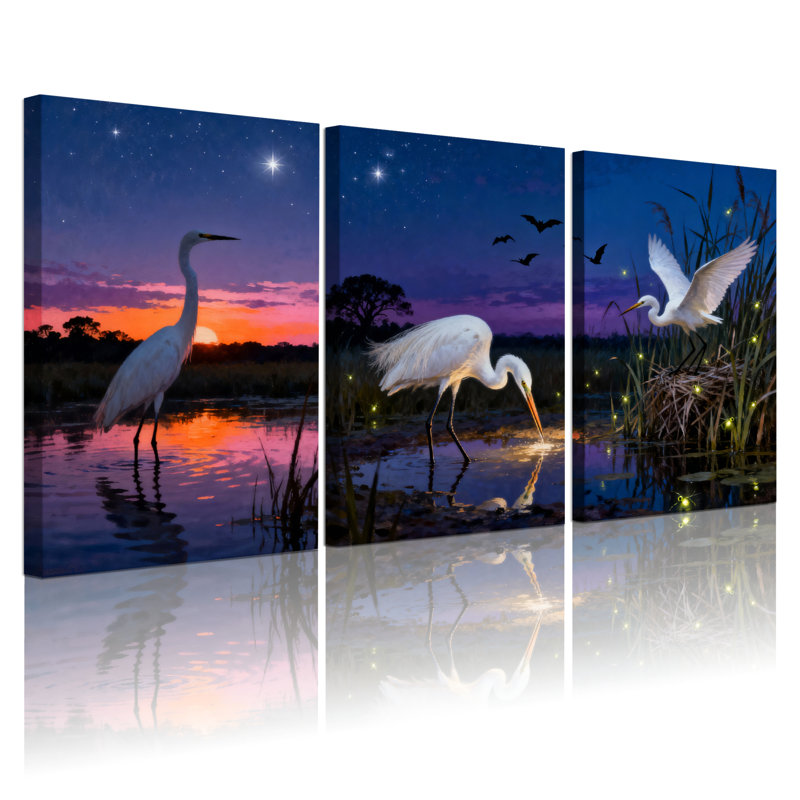 «White Heron Sunset Landscape», ensemble de 3 reproductions d'art sur toile tendues, H 30 po x l 60 po