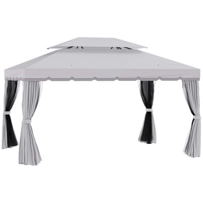 Abri de jardin pour patio, abri de jardin à toit double hexagonal avec filet et rideaux, structure en acier solide pour le jardin, la pelouse, la cour et la terrasse