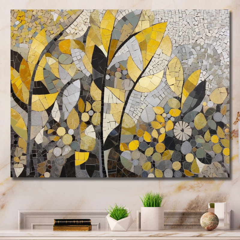 Begie, motifs jaunes et gris en fusion artistique - art mural mosaïque bohème, Toile tendue, Sans cadre, H 24 po x l 32 po