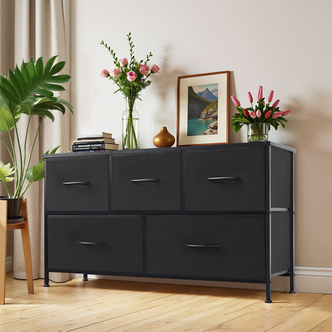 Dresser For Bedroom, 5 Storage Drawers, Wide Closet Chests Organizer Tower Furniture With Top Metal Frame For Clothes, Kids Room, Living Room, Hallway, Entryway Ebern Designs 
