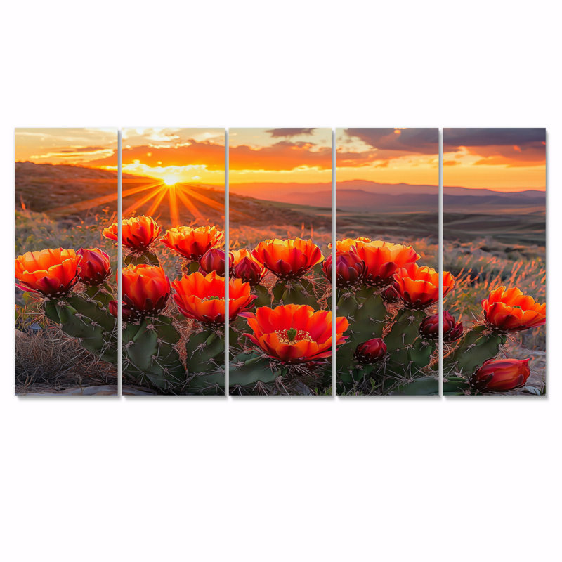 Cactus en fleurs au coucher du soleil II - décoration murale cactus floral - art mural traditionnel, H 32 po x l 80 po, 5
