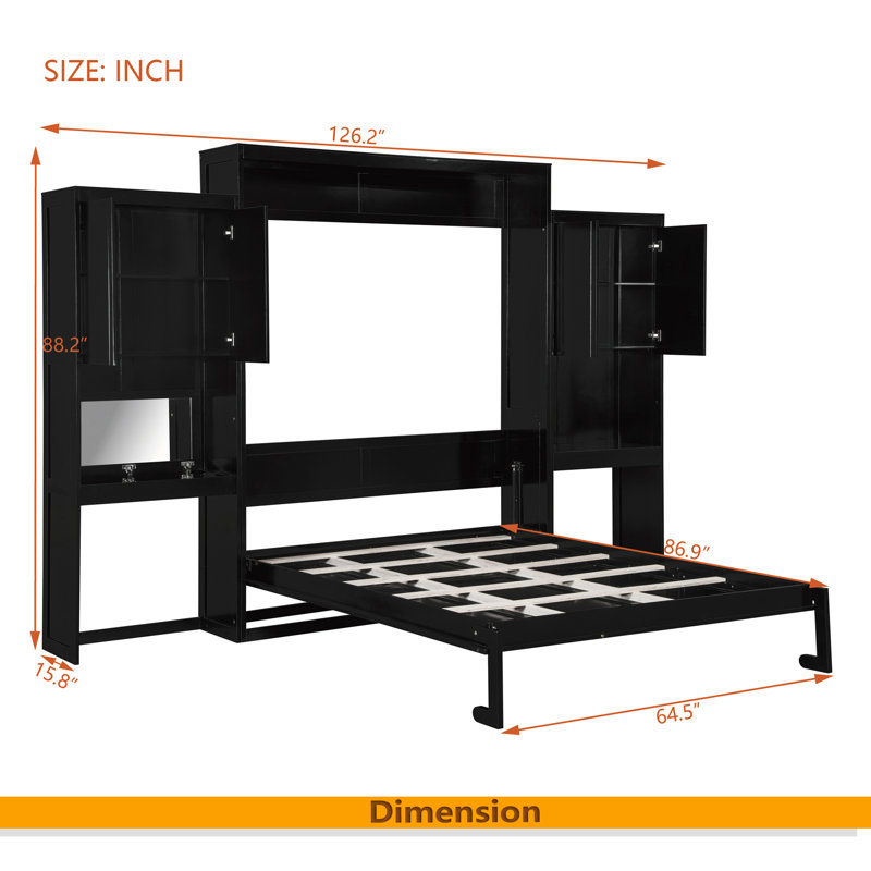 Grand lit escamotable avec bureau, coiffeuse et armoires, Espresso