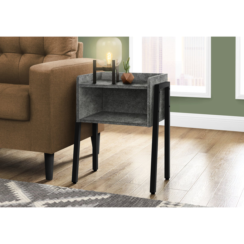 Table de chevet de chambre à coucher avec surface en stratifié gris et structure en métal noir avec pieds de 11,72 po de largeur pour une utilisation polyvalente