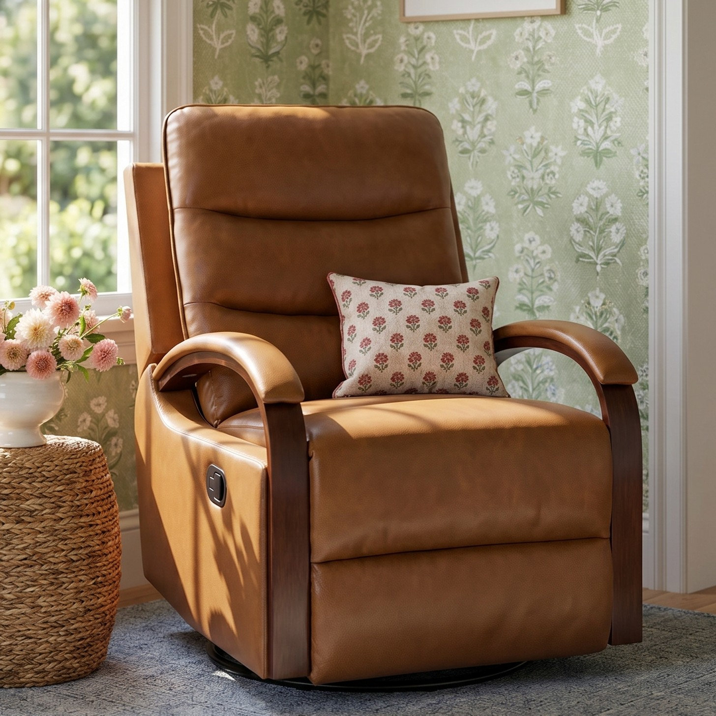 Azilda 29" Genuine Leather Manual Swivel Recliner, Camel Pebbled Top Grain Leather
