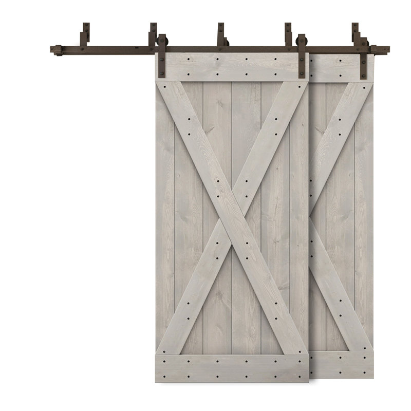 Porte de grange double à panneaux en bois teinté à panneau avec ensemble de quincaillerie coulissante, 76 po x 84 po