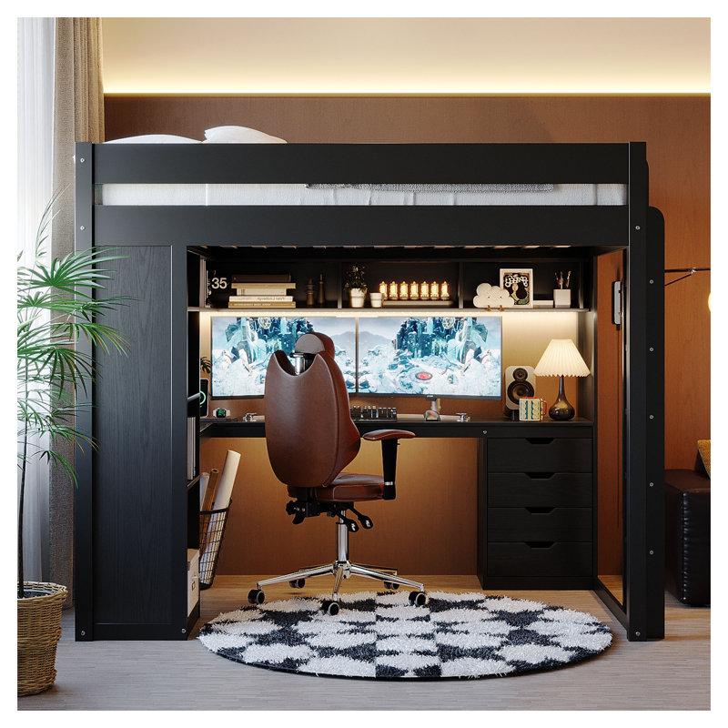 Lit mezzanine double en bois massif avec bureau en L et 4 tiroirs, noir