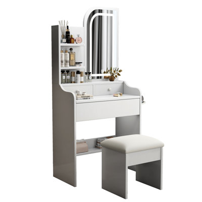 Table de coiffeuse de qualité avec lumières et miroir - 3 tiroirs, blanc, bureau élégant et changements de couleur disponibles, grand miroir, choix de rangement abondants