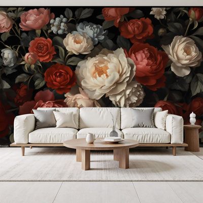 Peel and Stick Wallpaper Vintage Peony Rose Floral Dark Moody Botanical Wall Murals 69"H x 96"W Removable PVC Wall Paper Self-Adhesive Wall Paintings Art Decor for Bedroom Living Room