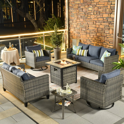 Lovall Rattan Wicker 7 - Person Seating Group with Fire Pit and Cushions by Ebern Designs