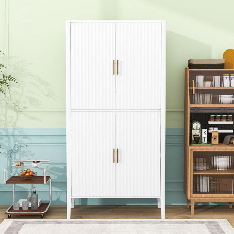 Armoire de cuisine autoportante cannelée avec lumière DEL, étagère en verre, support à vin et tablettes réglables, Blanc