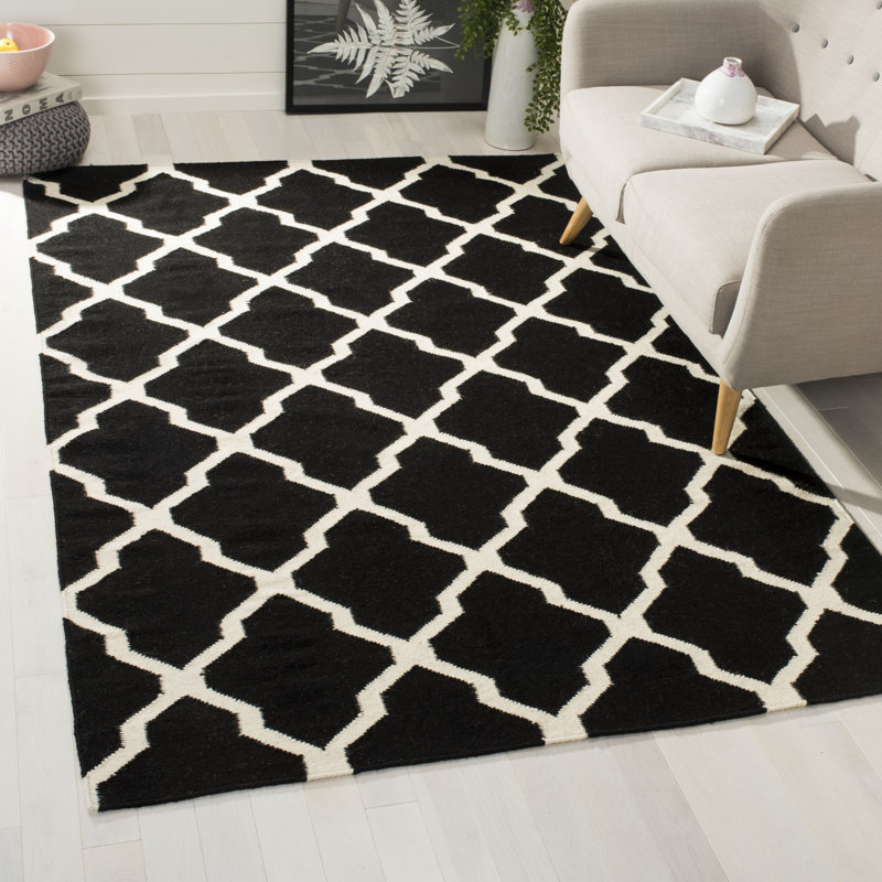 Rodgers Hand Woven Flat Weave Wool/Cotton Geometric Rug in Black/Ivory, Rectangle 8' x 10'
