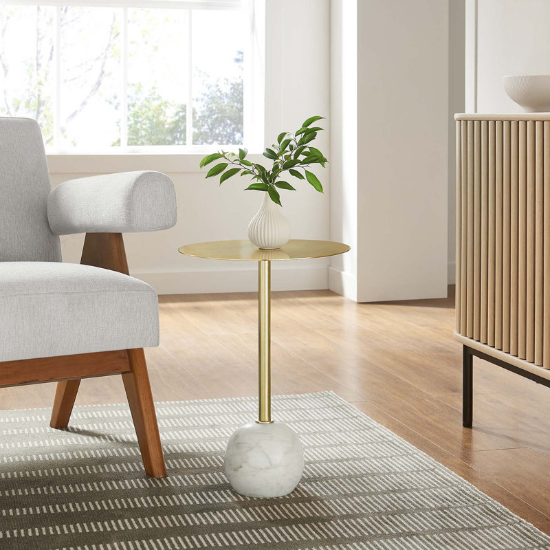 Round White Marble and Brass Side Table with Iron Pedestal
