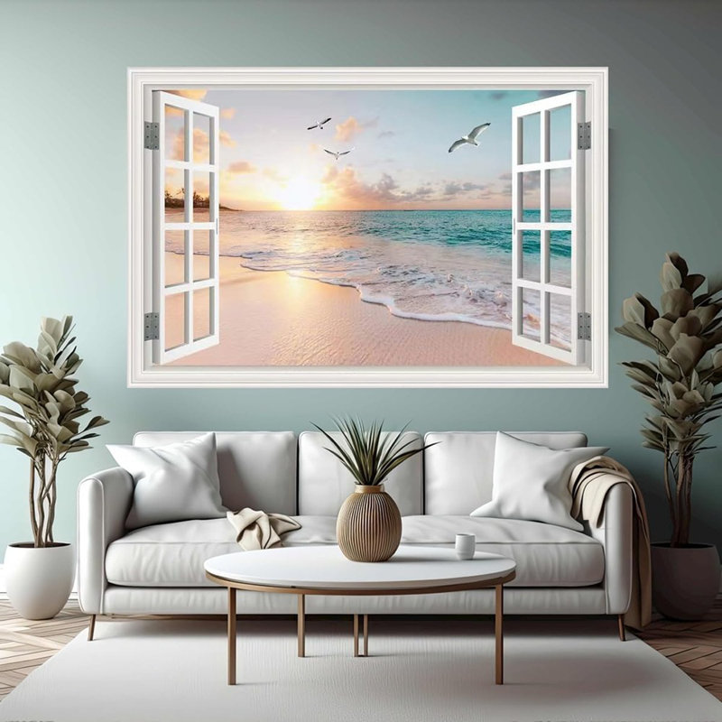 Adhésif décoratif fausse fenêtre coucher de soleil sur la plage