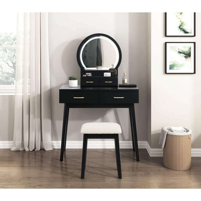 Elegant Vanity With Black Finish, Led Lighted Mirror, 4 Smooth - Gliding Drawers, And Matching Stool For Bedroom Sleek Contemporary
