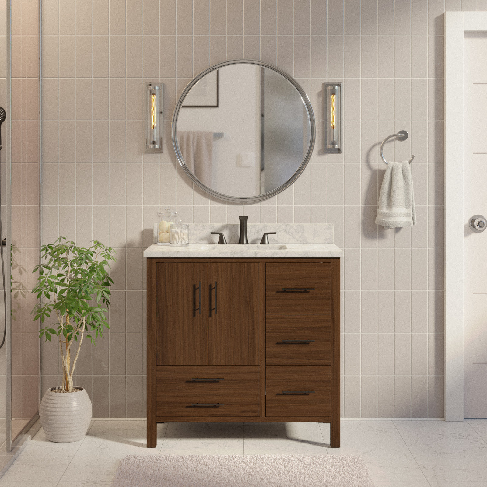 Kiara 36'' Single Bathroom Vanity, Carrara Marble, Walnut