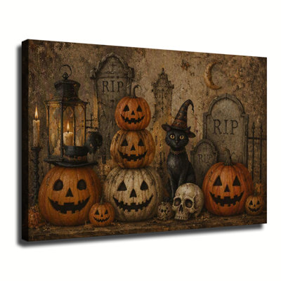 Tableau vintage d'Halloween sur toile, représentant des citrouilles empilées, une sorcière chat noire, des pierres tombales et des crânes.