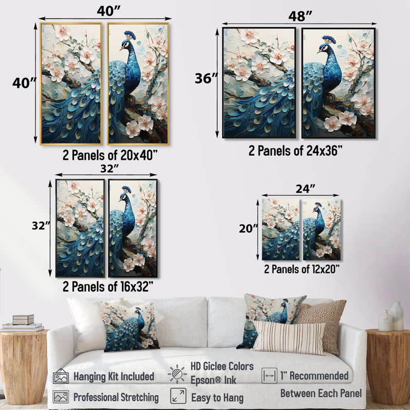 «Flower Peacock's Vibrant Show I», art mural grand paon, 36" H x 48" W, Impression encadrée flottante, Black