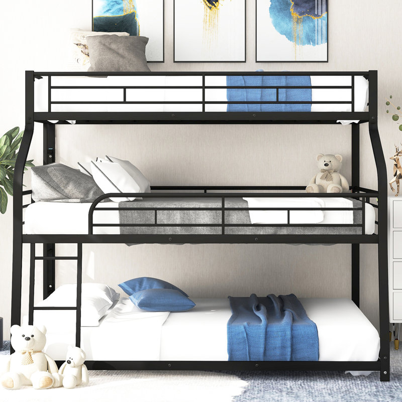 Lit superposé triple moderne en métal noir pour lit simple TG / TG double / grand avec garde-corps courts et complets - mobilier de chambre élégant
