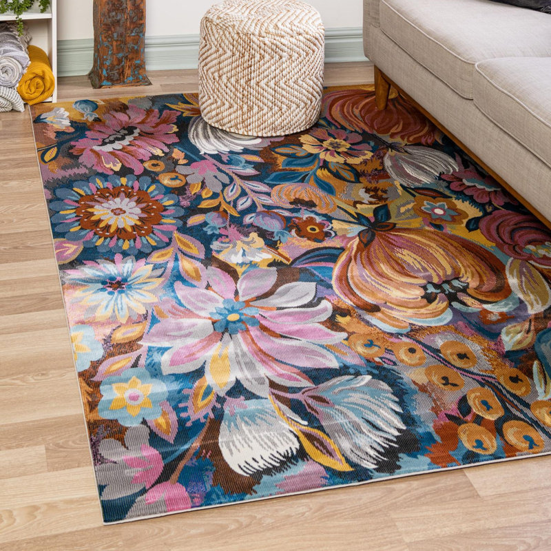 Tapis bleu / orange / rose Clydine, Rectangle de 10 pi x 14 pi