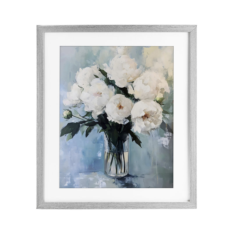 Vase de pivoines blanches, reproduction encadrée sous verre, design par LSR Creative Studio, H 16 po x l 13 po