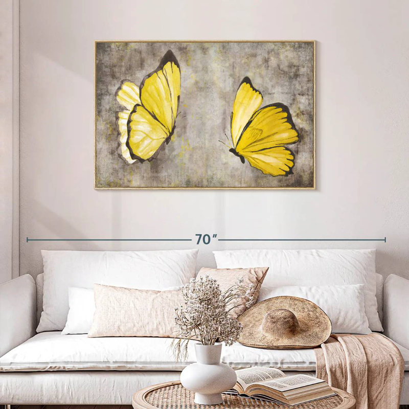Papillons jaunes, Cadre flottant en bois naturel, 43 po x 29 po