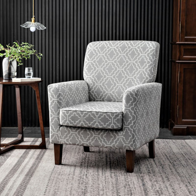 Patterned Polyester Blend Armchair, Solid Birch Wood Frame with Brown Tapered Legs, Foam Padded Accent Chair with Trim Detail for Living Room Office