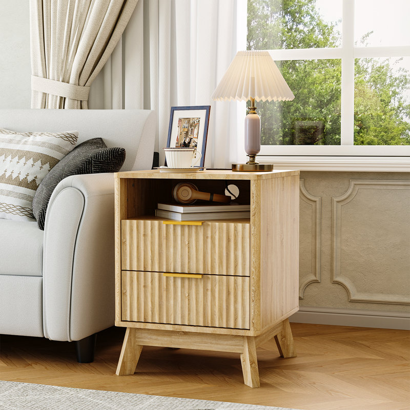 Modern Wave Fluted Wooden Nightstand, Bedside Table with Charging Station, 2 Drawers & Open Cubby, USB and AC Outlets for Bedroom