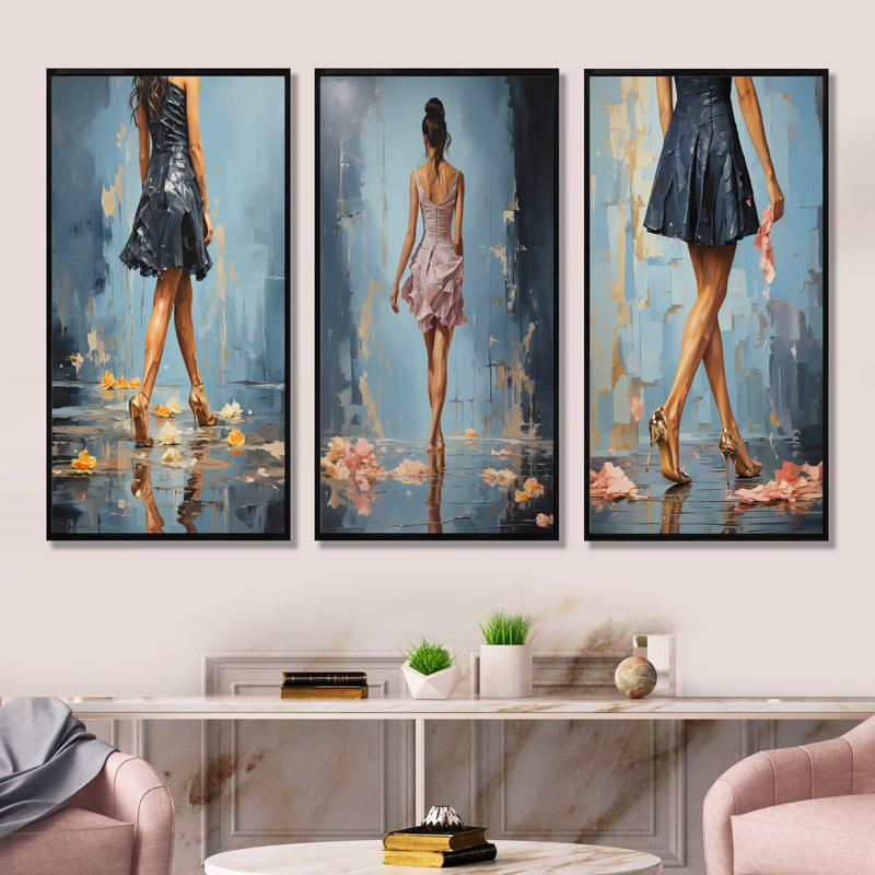 Glamour Gait, peinture de femme, talons I, Cadre flottant noir, H 32 po x l 48 po