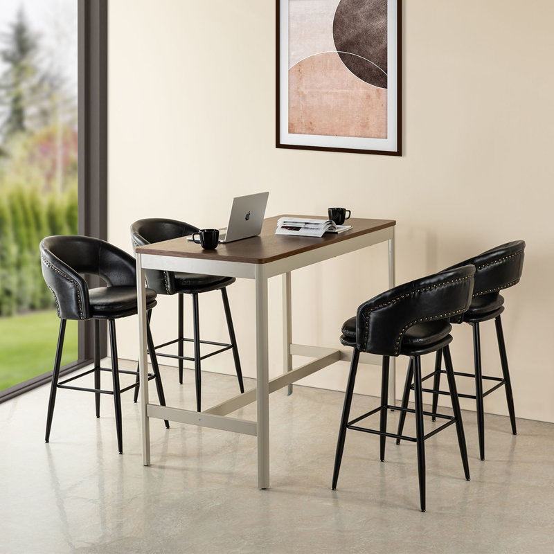 Mid-Century Modern Upholstered Bar Stool with Nailhead Trim , Black