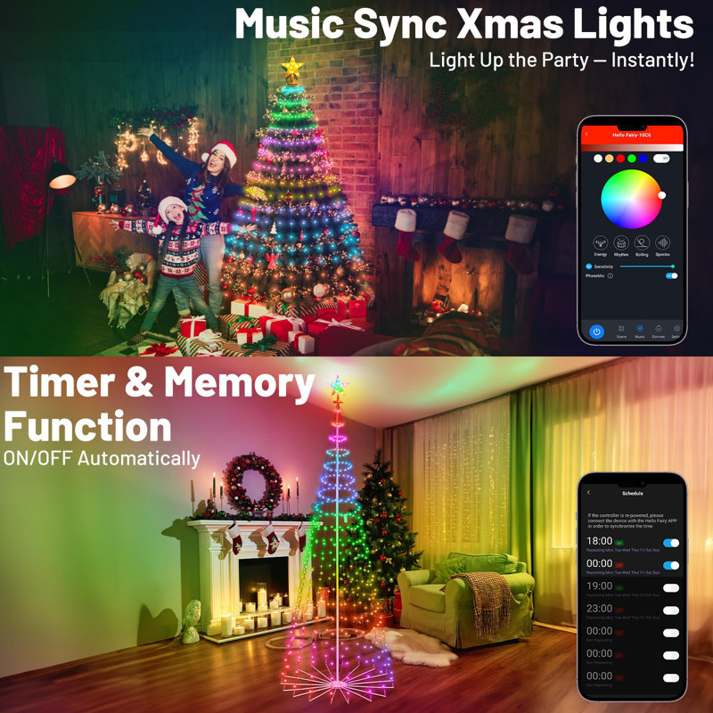 Arbre de Noël intelligent de 8 pi avec 340 lumières à DEL, affichage personnalisé de texte et de motifs, application / télécommande, synchro de musique, imperméable pour un décor intérieur et extérieur de Noël