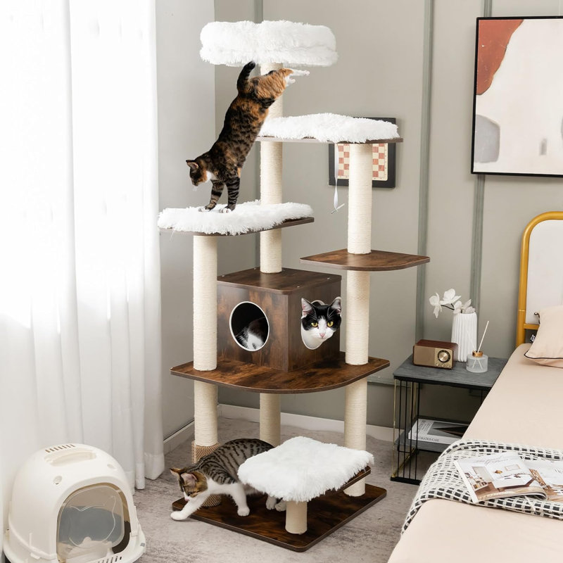 Tour à chat de 71 pouces avec plateforme multicouche, arbre à chat moderne en bois avec poteaux à griffer en sisal