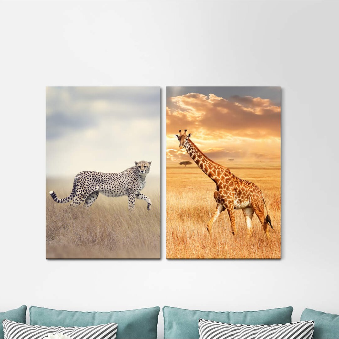 2-tlg. Leinwandbilder-Set - Fotografie „Cheetah Giraffe Africa Wilderness Clouds Safari Steppe”