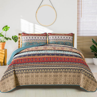 3-piece Boho Quilt Set Reversible Microfiber Bedspread All Season