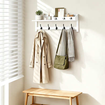 Portemanteau mural avec tablette de rangement, crochets de hall d'entrée en bois avec porte-clés et porte-courrier, chapeau de couloir et porte-sac avec barre à crochets double, décoration murale de maison de campagne rétro