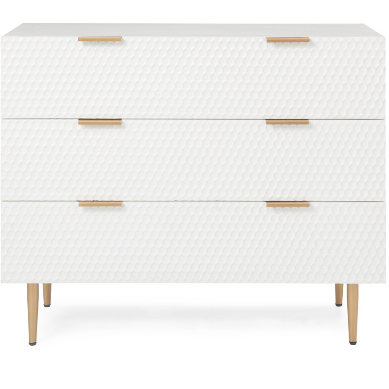 White Honeycomb Textured 3-Drawer Dresser with Gold Accents