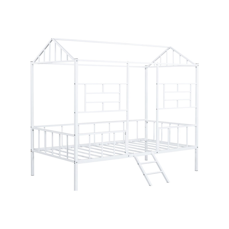 Lit superposé simple contemporain avec angle, conception de maison blanche, structure entièrement métallique, toit, idéal pour la chambre à coucher avec style, couleur, construction, structure de toit