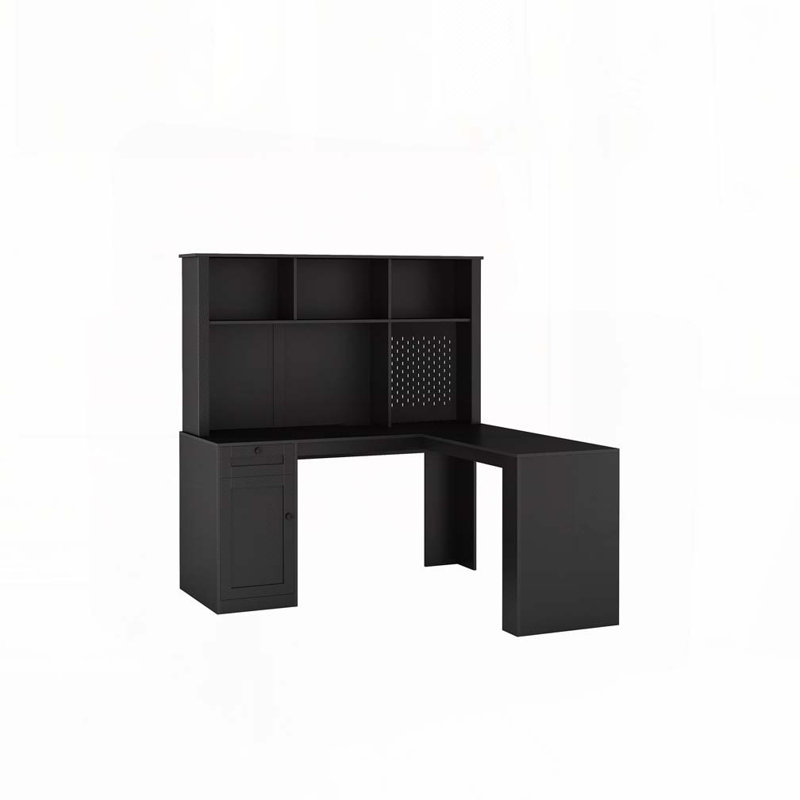 Bureau d'ordinateur en L avec tiroirs, bibliothèque, Noir
