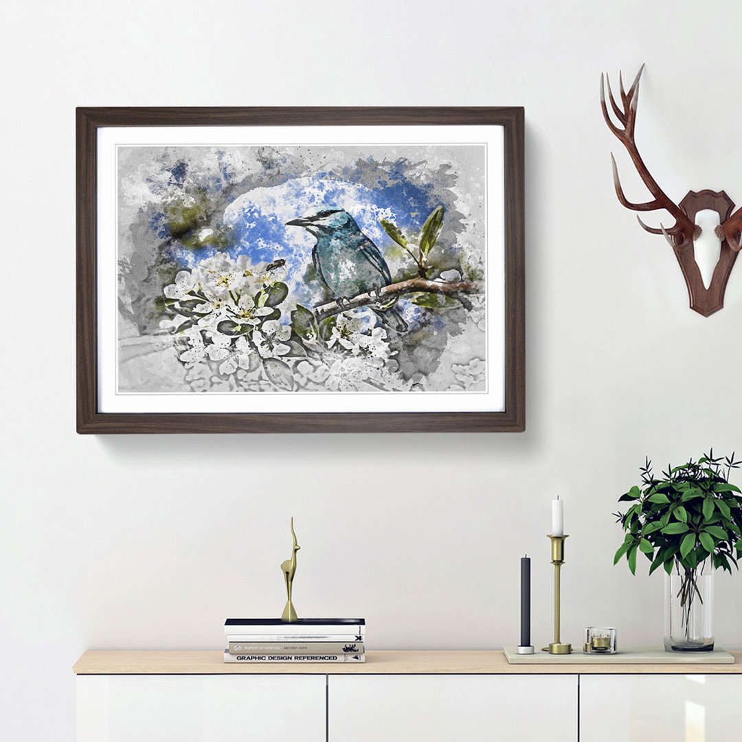 Blue Bird and Cherry Blossom Tree in Abstract - Picture Frame Painting Print