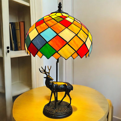 Tiffany Table Lamp with Stag Base, 30cm Diameter Shade, UK Plug