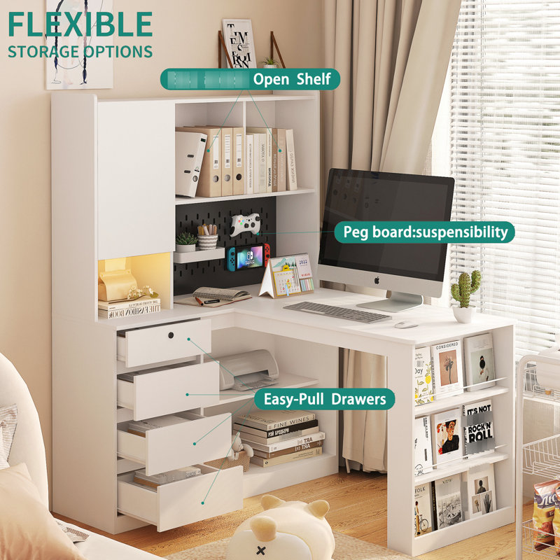 White L-shaped Desk With Paper Tray - Modern Home Office Storage And Charging Station L Shaped Table Lamp Space Writing